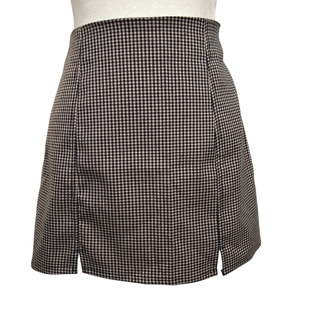Urban Outfitters Houndstooth Mini Skirt Plaid Side Slit Brown Small Excellent